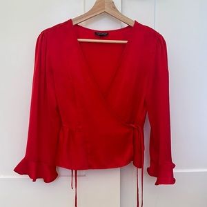 Topshop Red Satin Wrap Top US 4
